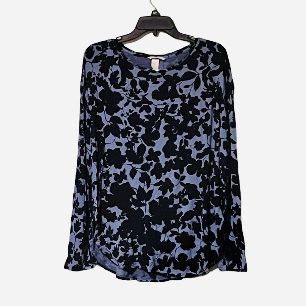H&M Blue Silky Soft Long Sleeve Botanical Print Side Slit Blouse